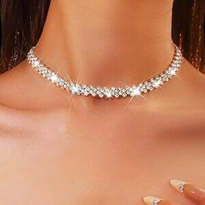 Rhinestone Choker Necklace Jewelry Silver Bling Beautiful Eye Catching Piece